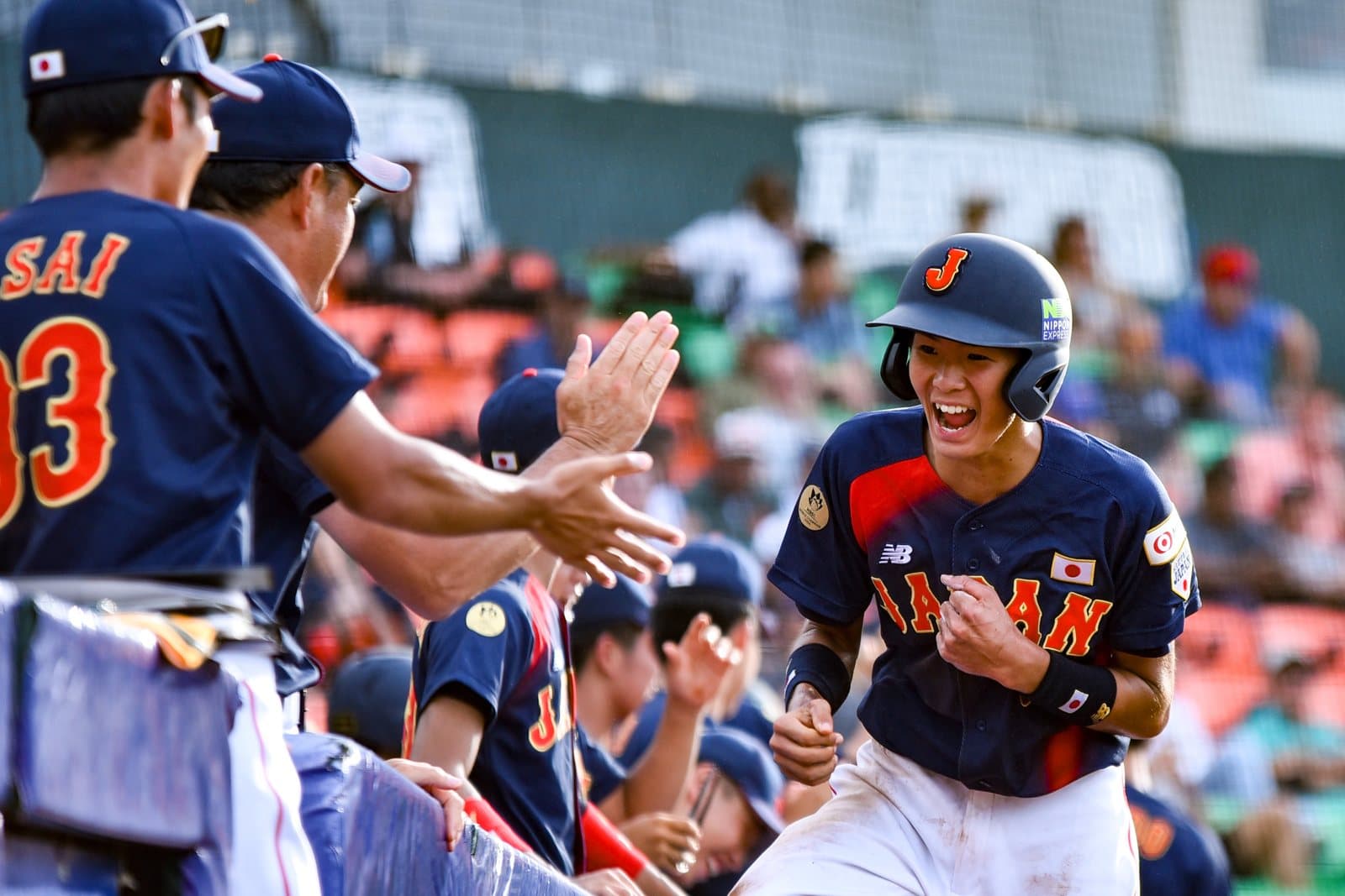 El dugout de Japón celebra una carrera ante Estados Unidos. Foto: WBSC.