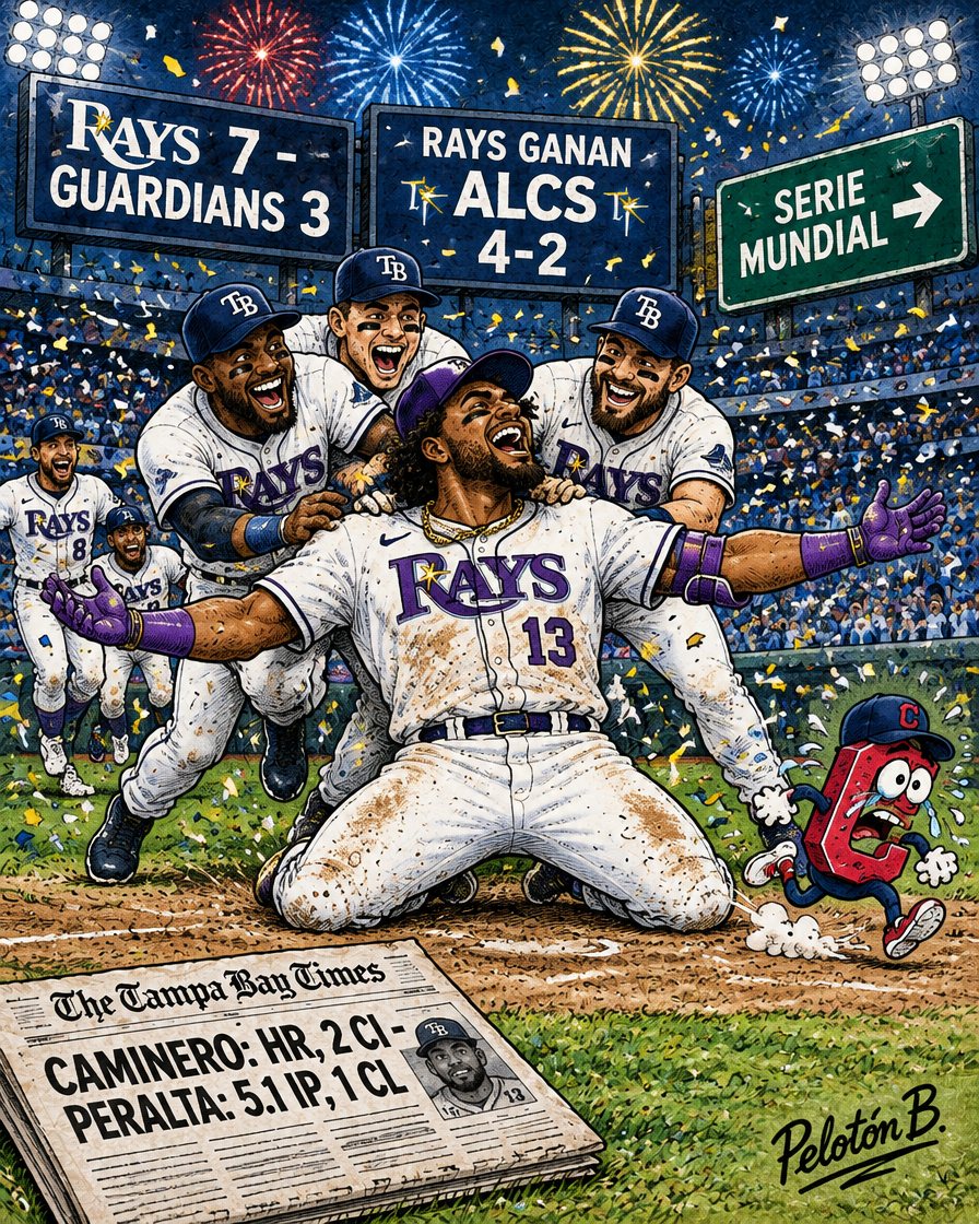 Caricatura editorial: Junior Caminero y los Rays celebran el campeonato de la Liga Americana. Ilustración: Pelotón B.