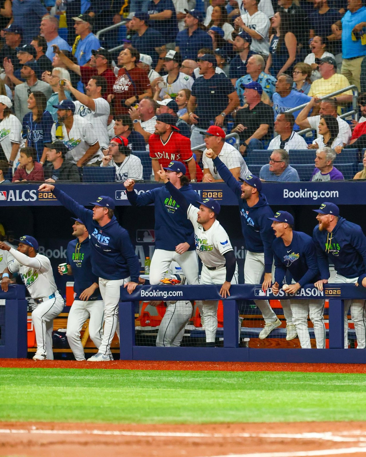 Los Rays celebran en el dugout durante el Juego 6 de la ALCS.