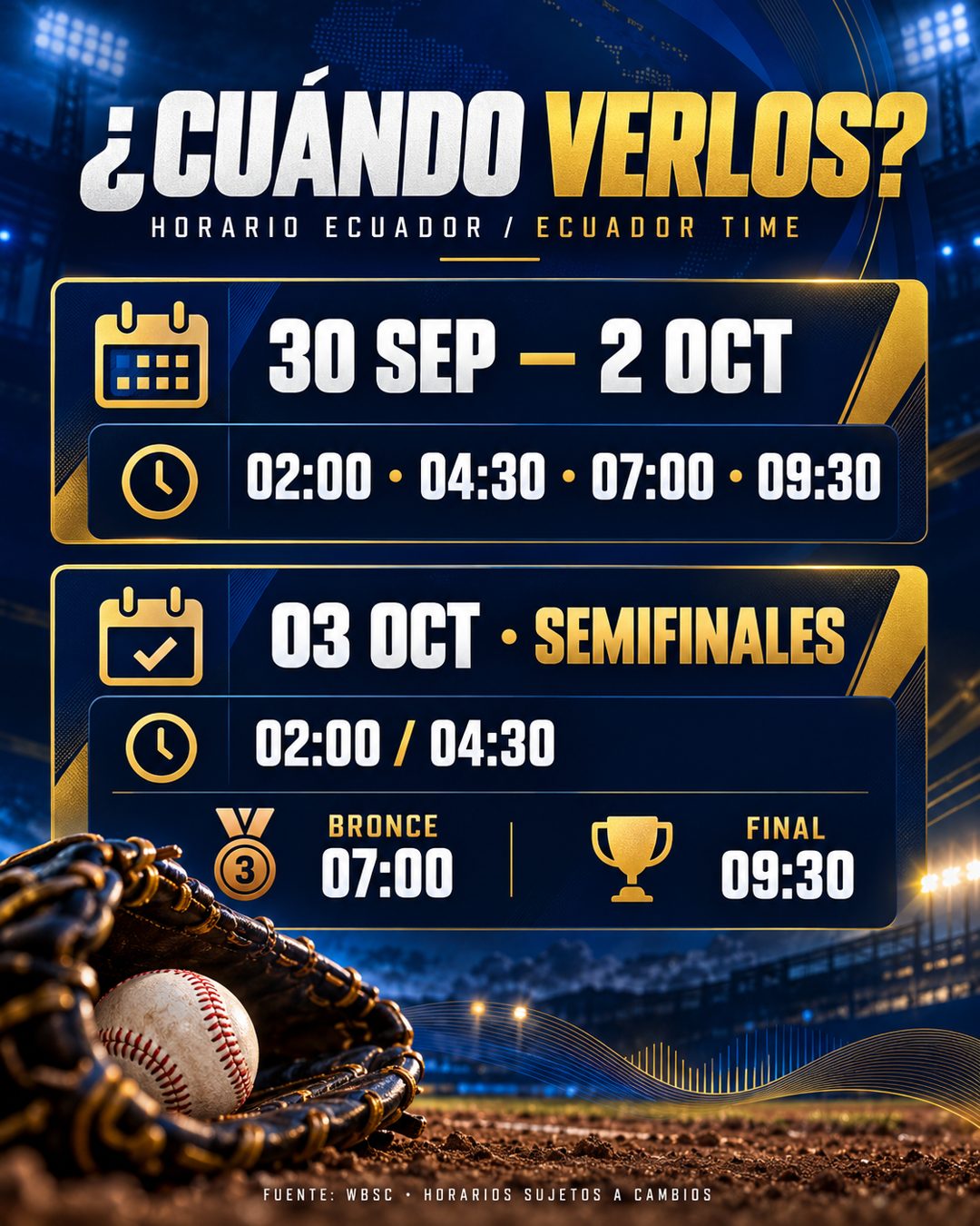 Horarios en Ecuador de la Copa Internacional de Blind Baseball 2026. Gráfico: Pelotón B.