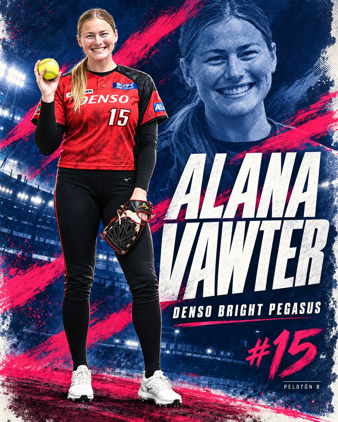 Alana Vawter (#15), lanzadora estadounidense de Denso Bright Pegasus, ganó 3-1 ante Taiyo Yuden Solfiyu. Ilustración: Pelotón B.