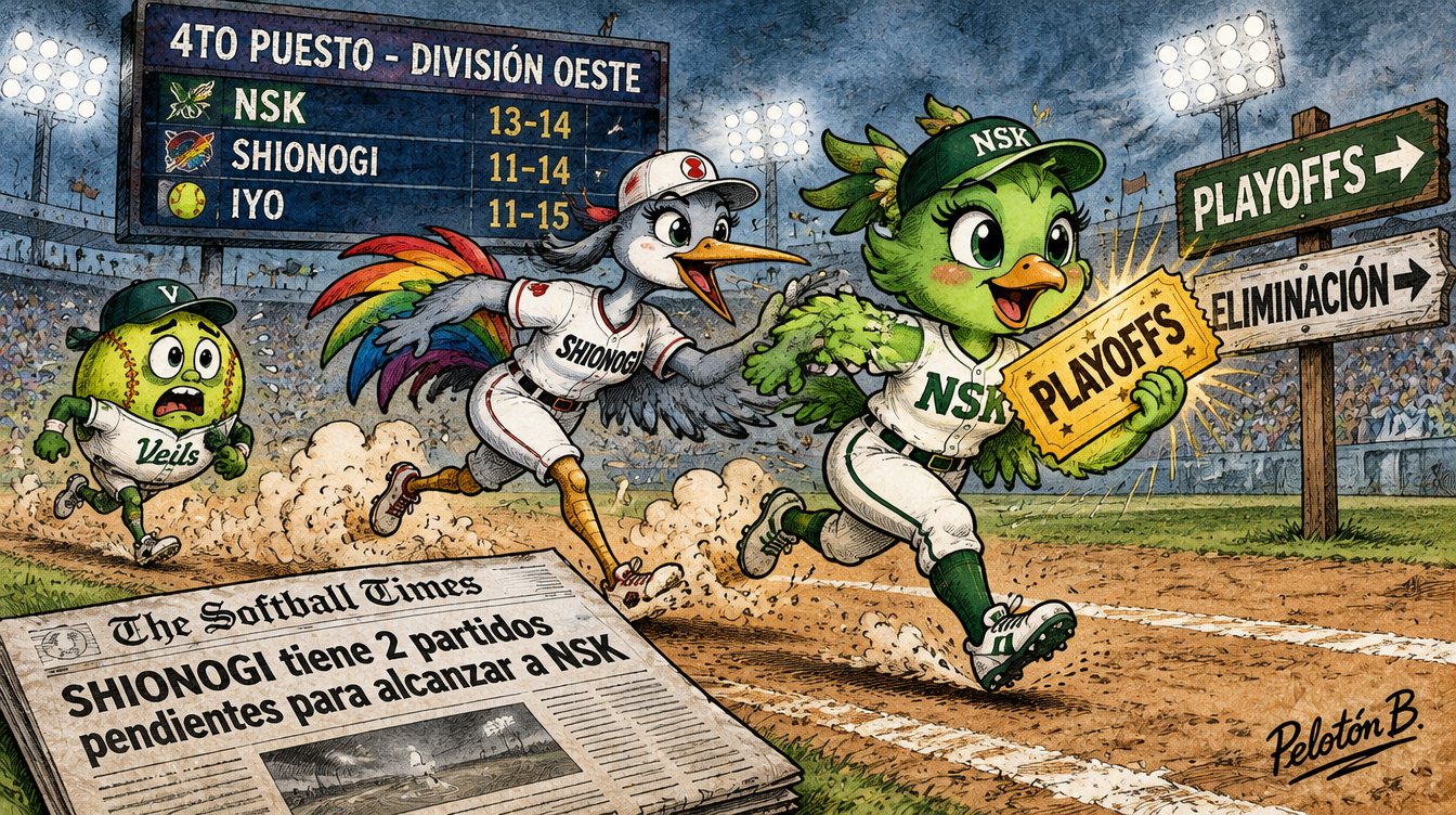 Caricatura editorial: la carrera por el último boleto a playoffs en la División Oeste del JD League 2026. Ilustración: Pelotón B.