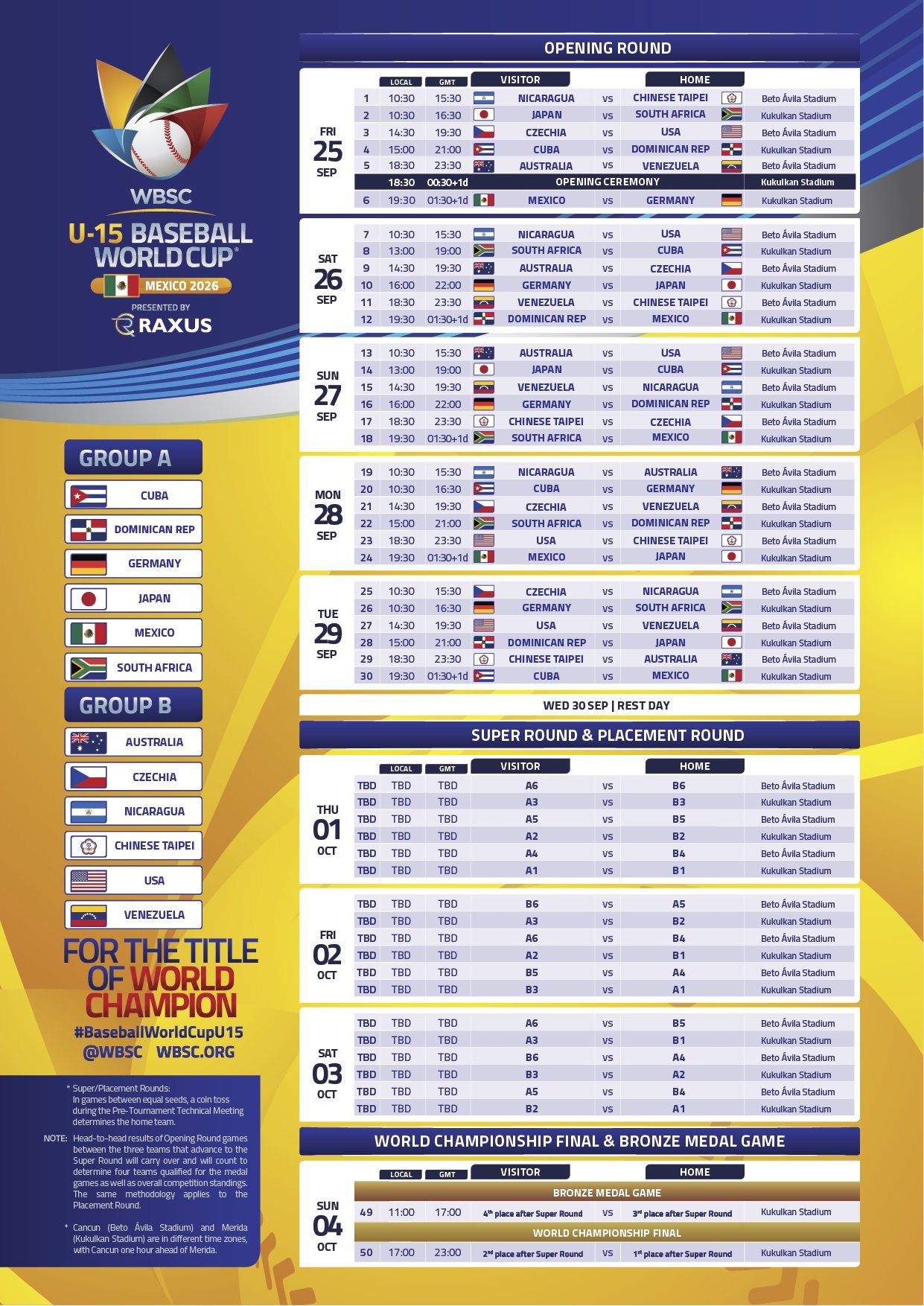 Calendario oficial de la Copa Mundial de Béisbol Sub-15 México 2026 (horas locales y GMT). Gráfico: WBSC.
